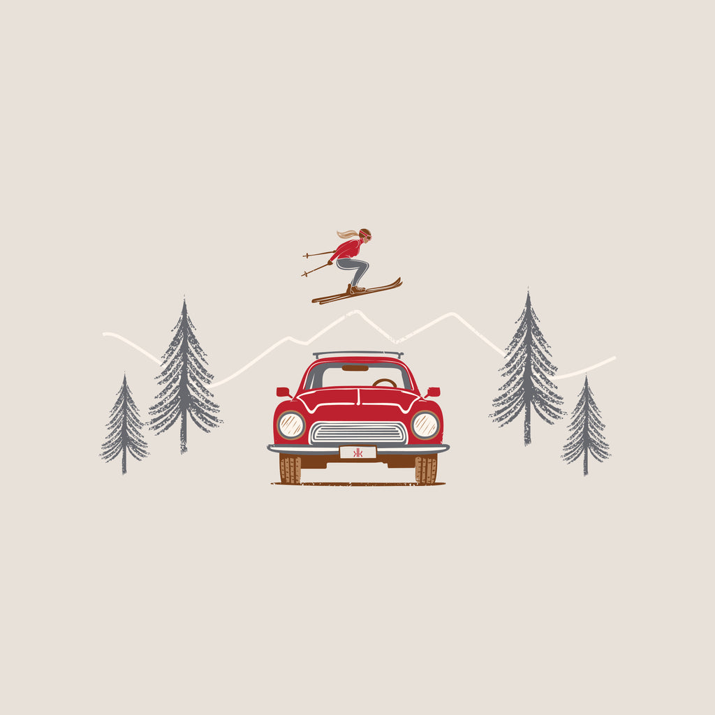 A minimalist vector illustration of a red vintage car on a beige background, with pine trees, low white mountains, a skier in mid-air above the car, and a small person standing on the car hood.