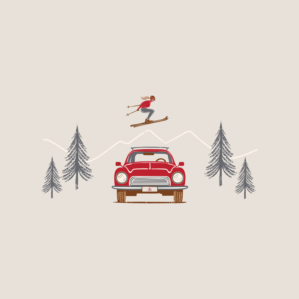 A minimalist vector illustration of a red vintage car on a beige background, with pine trees, low white mountains, a skier in mid-air above the car, and a small person standing on the car hood.