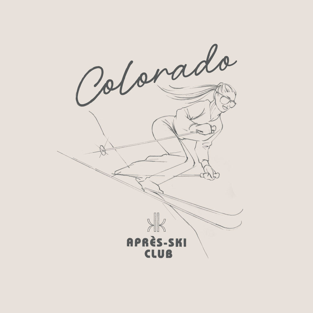 A minimalist black line art graphic on a warm beige background, featuring the word 'Colorado' above an illustrated skier in motion, with 'APRÈS-SKI CLUB' and a small logo below.