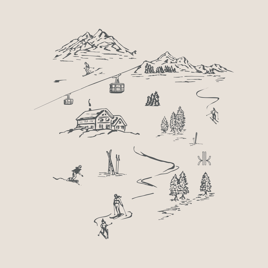 A minimalist black line art illustration of a ski resort scene on a warm beige background, featuring mountains, lifts, a lodge, trees, and small figures of skiers and snowboarders.