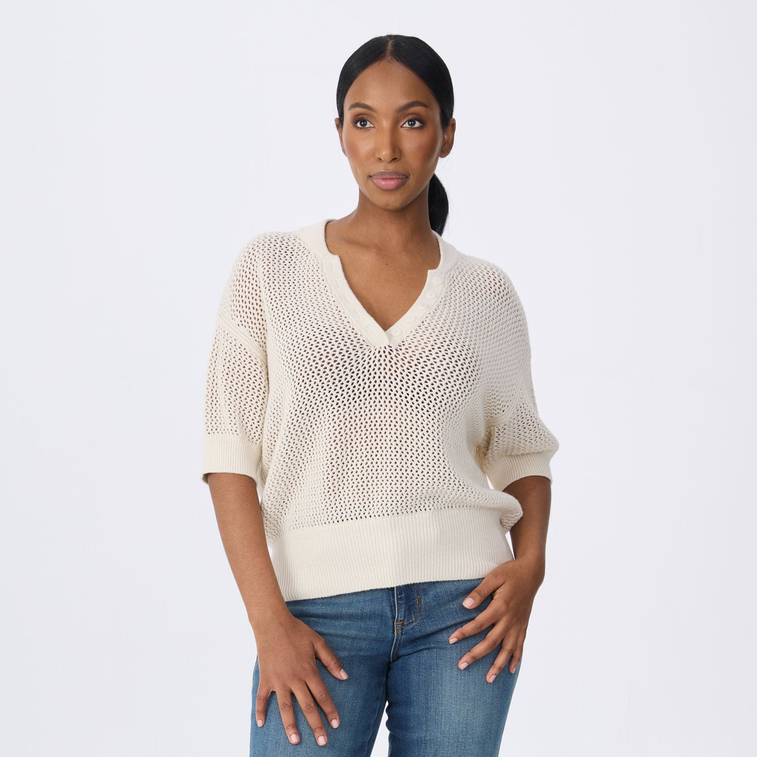 Tansy Short Sleeve Pointelle Henley Sweater