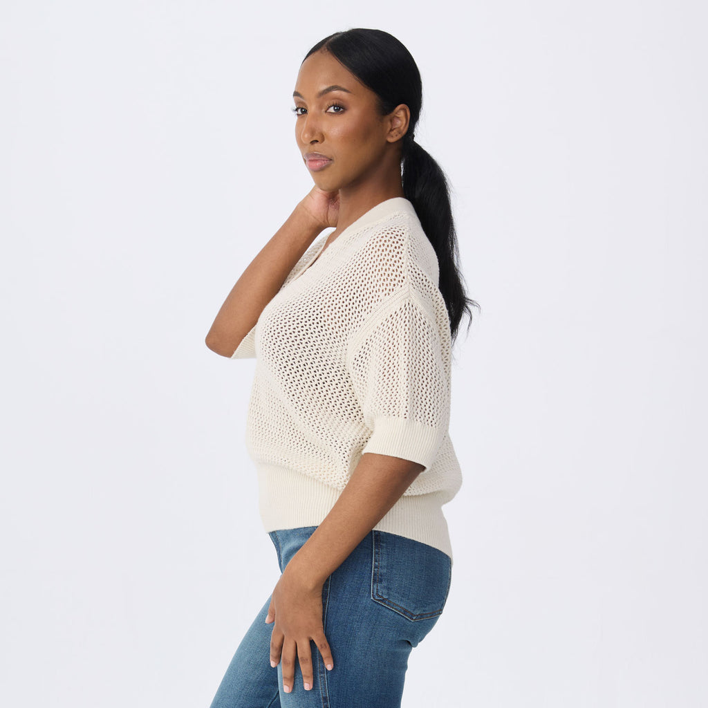 Tansy Short Sleeve Pointelle Henley Sweater