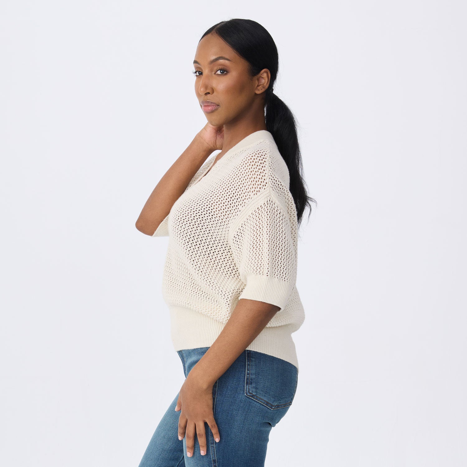Tansy Short Sleeve Pointelle Henley Sweater