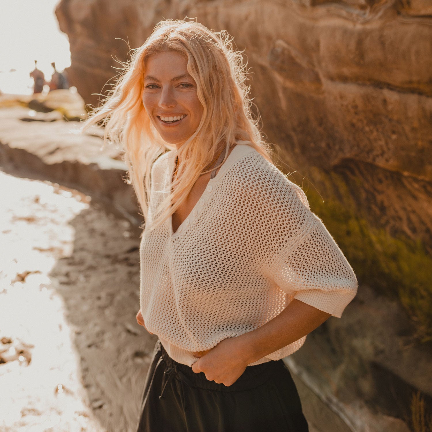 Tansy Short Sleeve Pointelle Henley Sweater