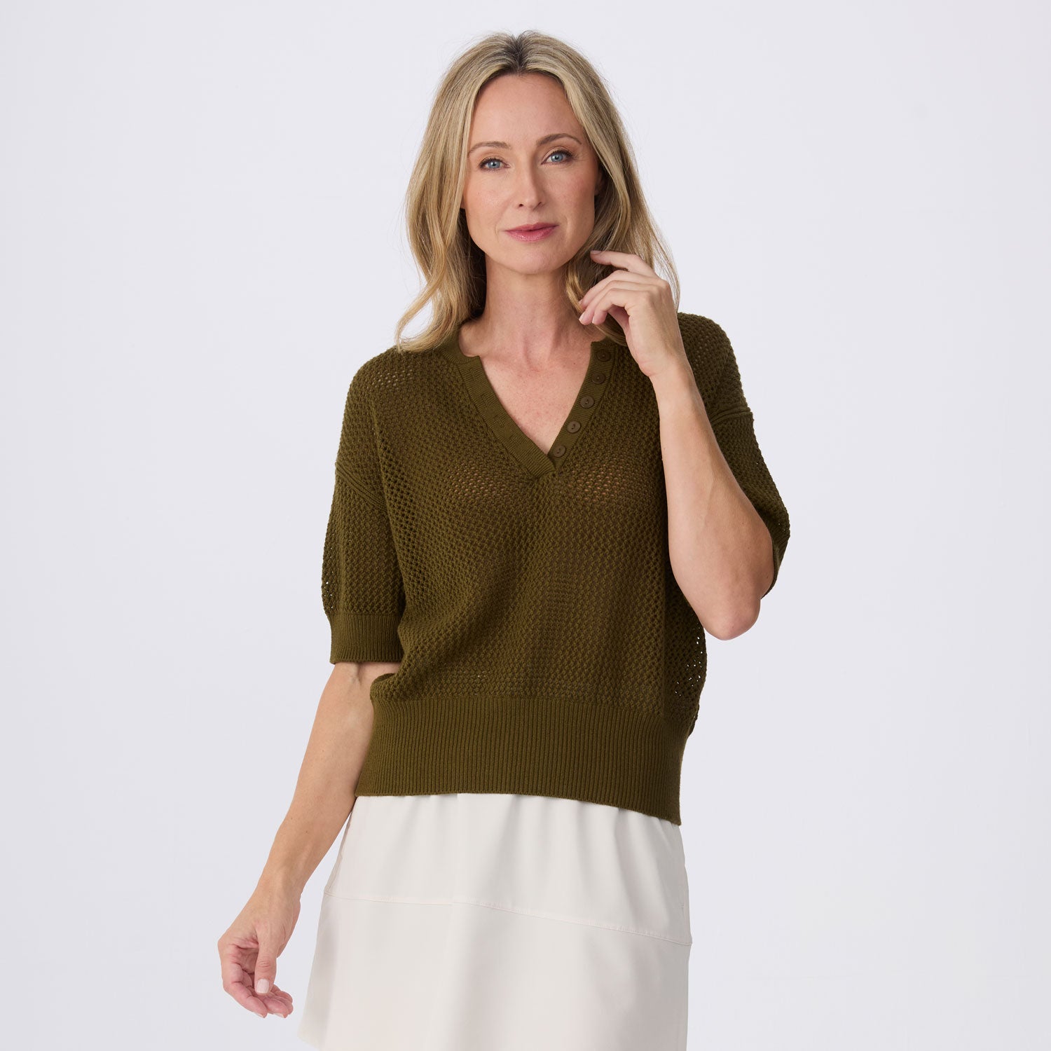 Tansy Short Sleeve Pointelle Henley Sweater