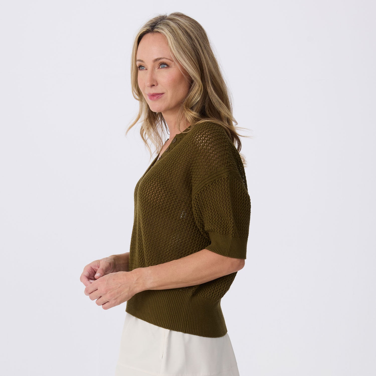 Tansy Short Sleeve Pointelle Henley Sweater