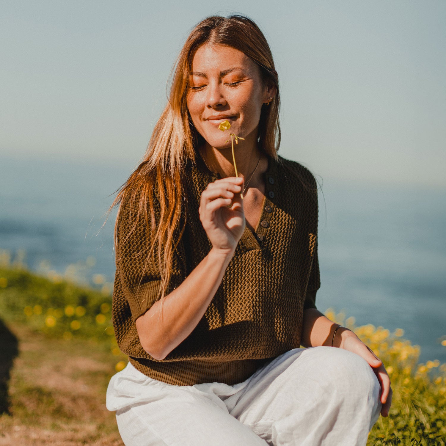 Tansy Short Sleeve Pointelle Henley Sweater