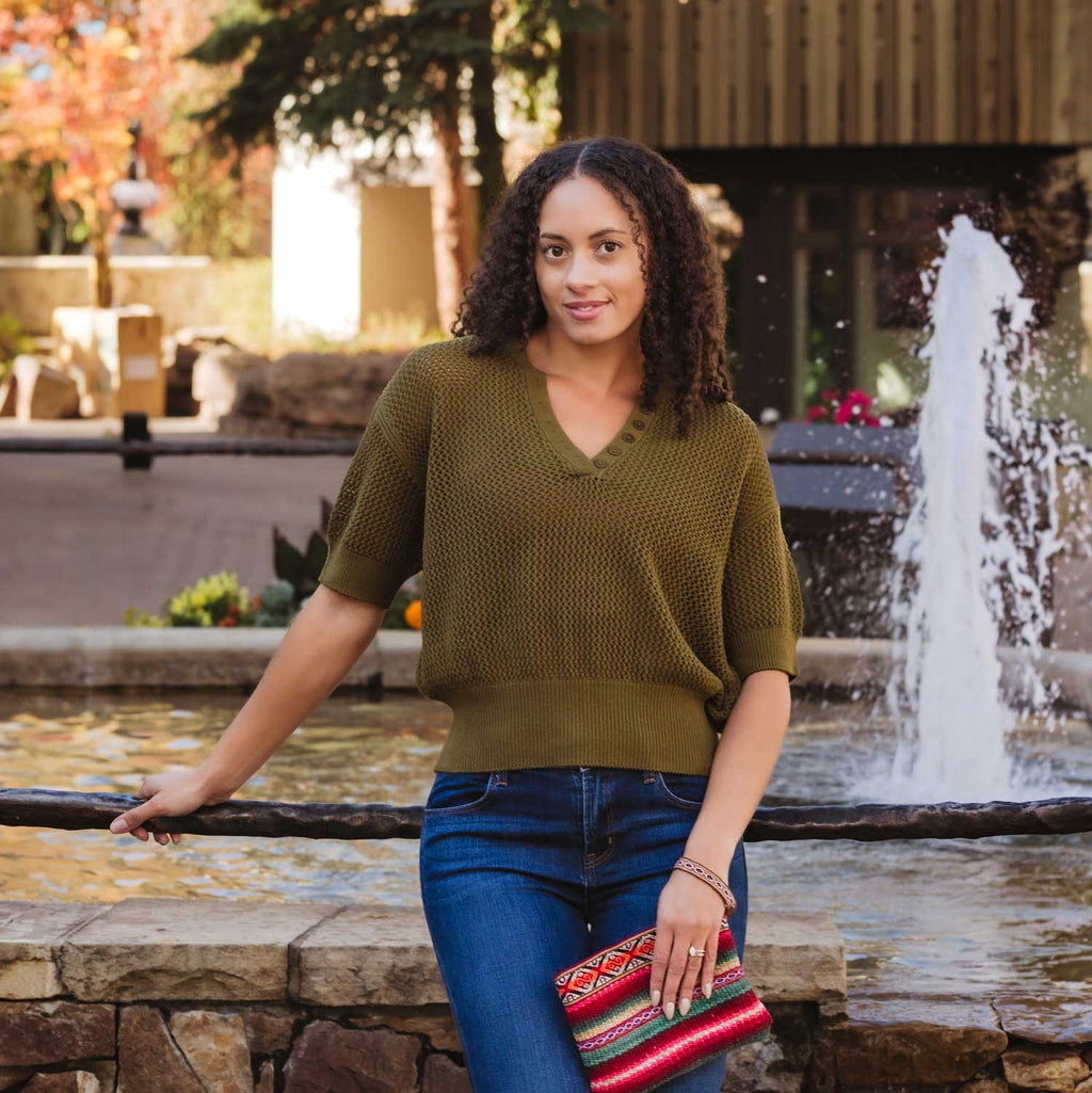 Tansy Short Sleeve Pointelle Henley Sweater